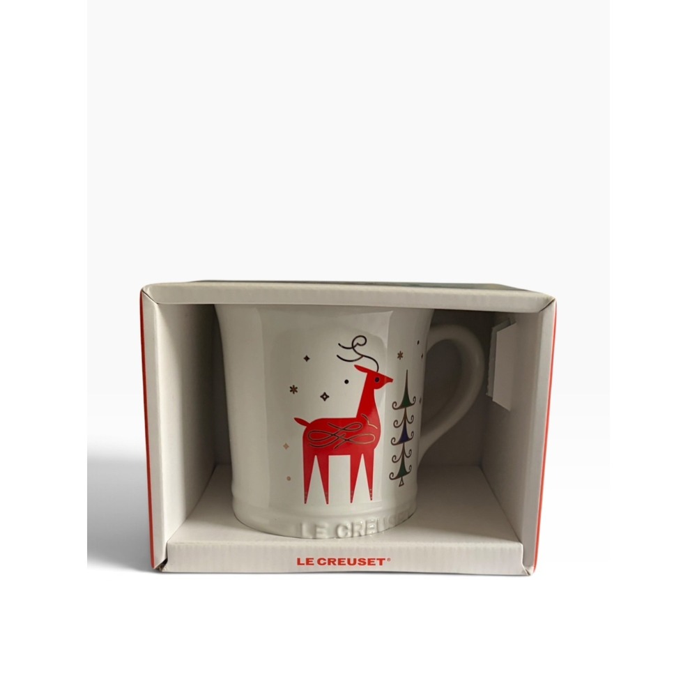 Le Creuset Noel Reindeer Christmas Mug 14 oz White Stoneware Holiday NIB